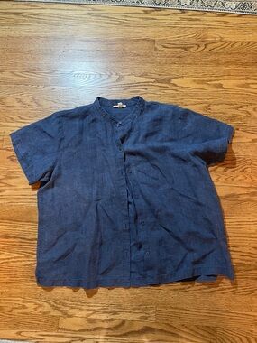 Eileen Fisher Navy Short-Sleeve Button Front Top